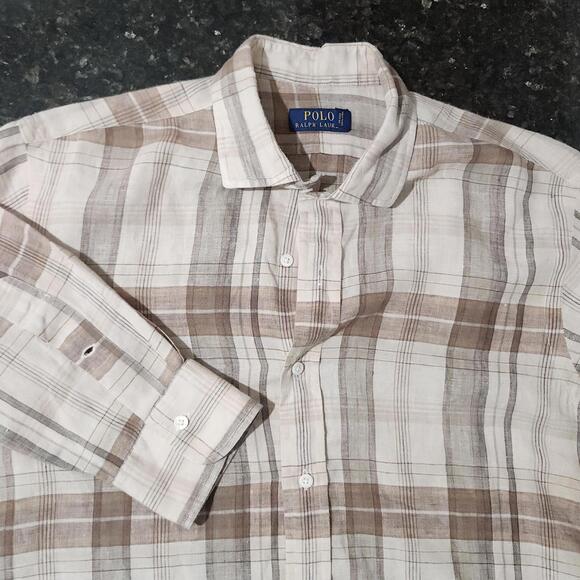 Polo Ralph Lauren 100% Linen Lightweight Button Up Plaid Outdoor Check Large - Picture 1 of 6